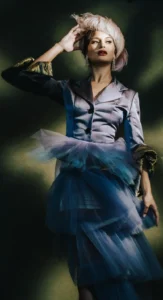 Avant-garde bride in blue tulle outfit with creative makeup by Waring Makeup, Ottawa Bridal Makeup Artist.