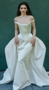 Bride in a structured off-shoulder gown with soft bridal makeup by Waring Makeup, Ottawa Bridal Makeup Artist.